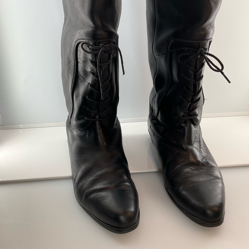 vtg SAVIDA sz 7 Leather Knee High Boots Tie Front Flat Heel Slip On Black - Picture 6 of 8